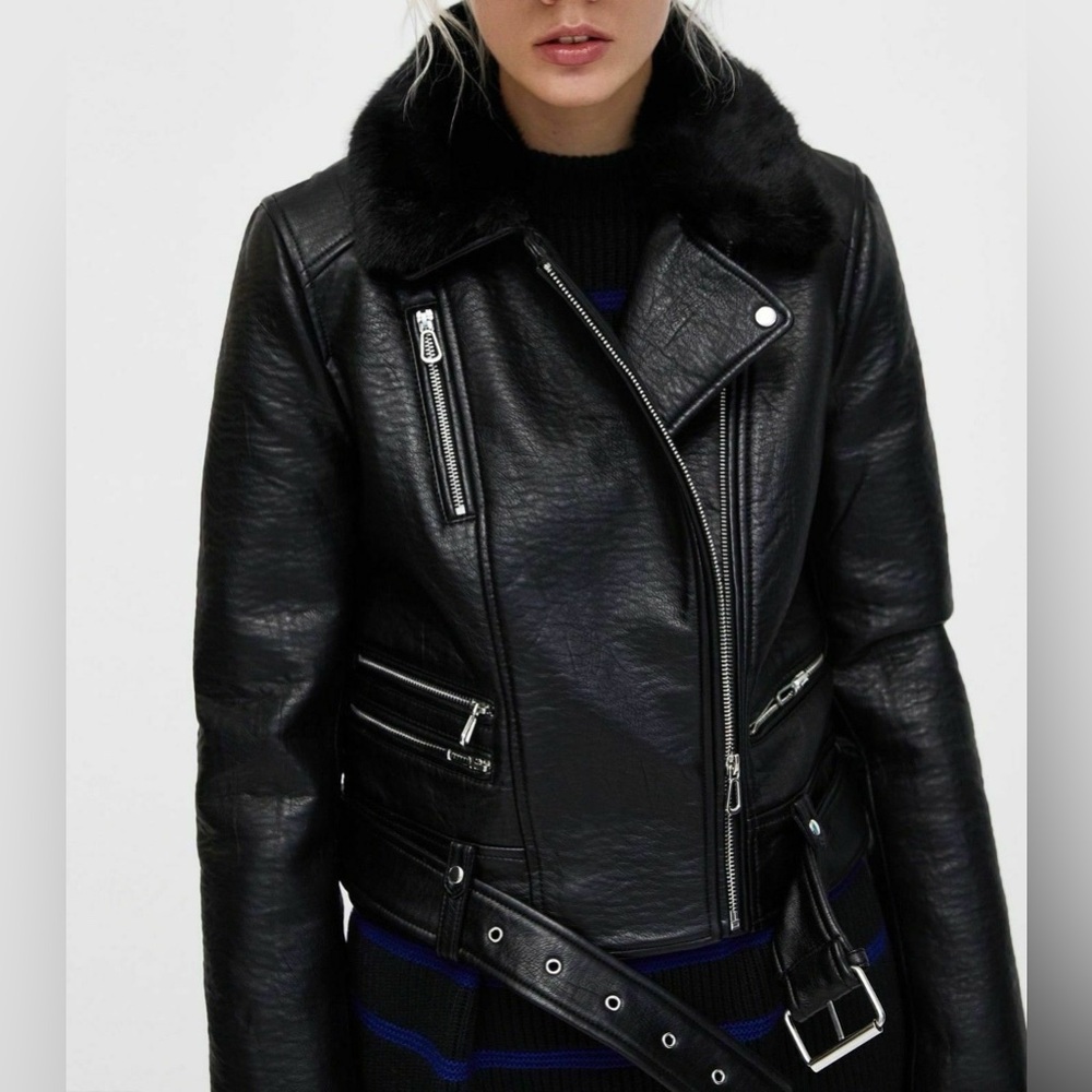 Zara fur collar leather jacket
